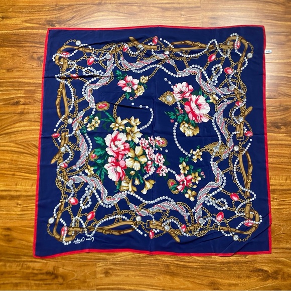 Vintage Accessories - Vintage Women's Pierre Cardin Paris Floral Chainlink Pure Silk Scarf Luxury Glam